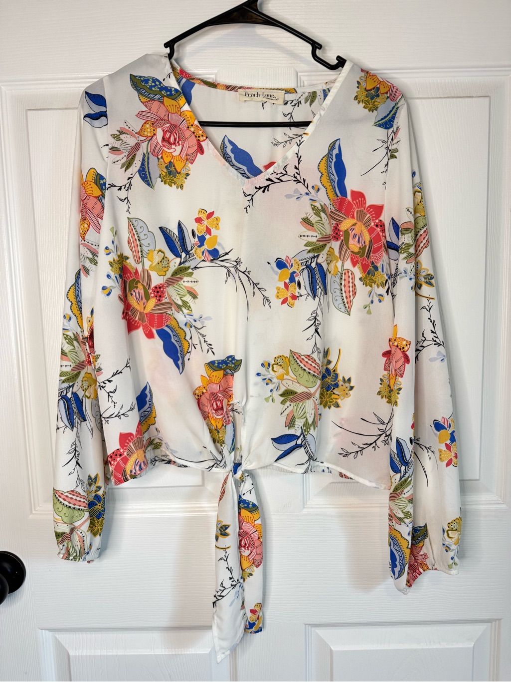 Peach Love California White Floral Tie-Front Blouse With Multicolor Print
